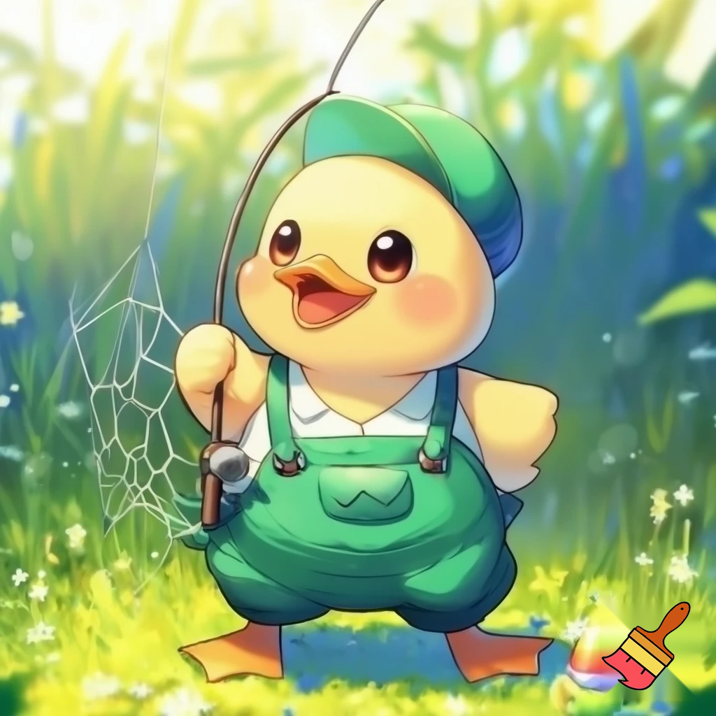 pato, feliz, desenho estilo anime, cor verde, roupa de pescador