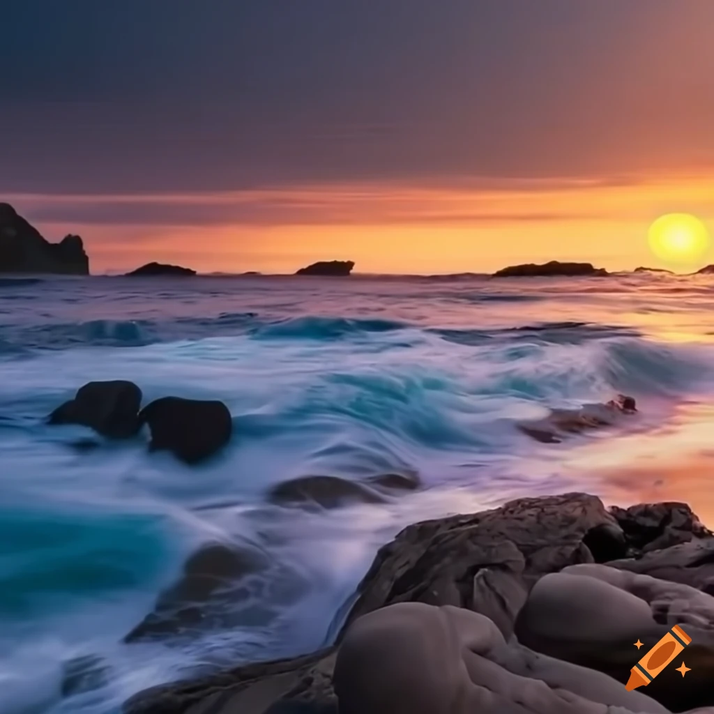 ocean waves crashing on rocks at sunset
