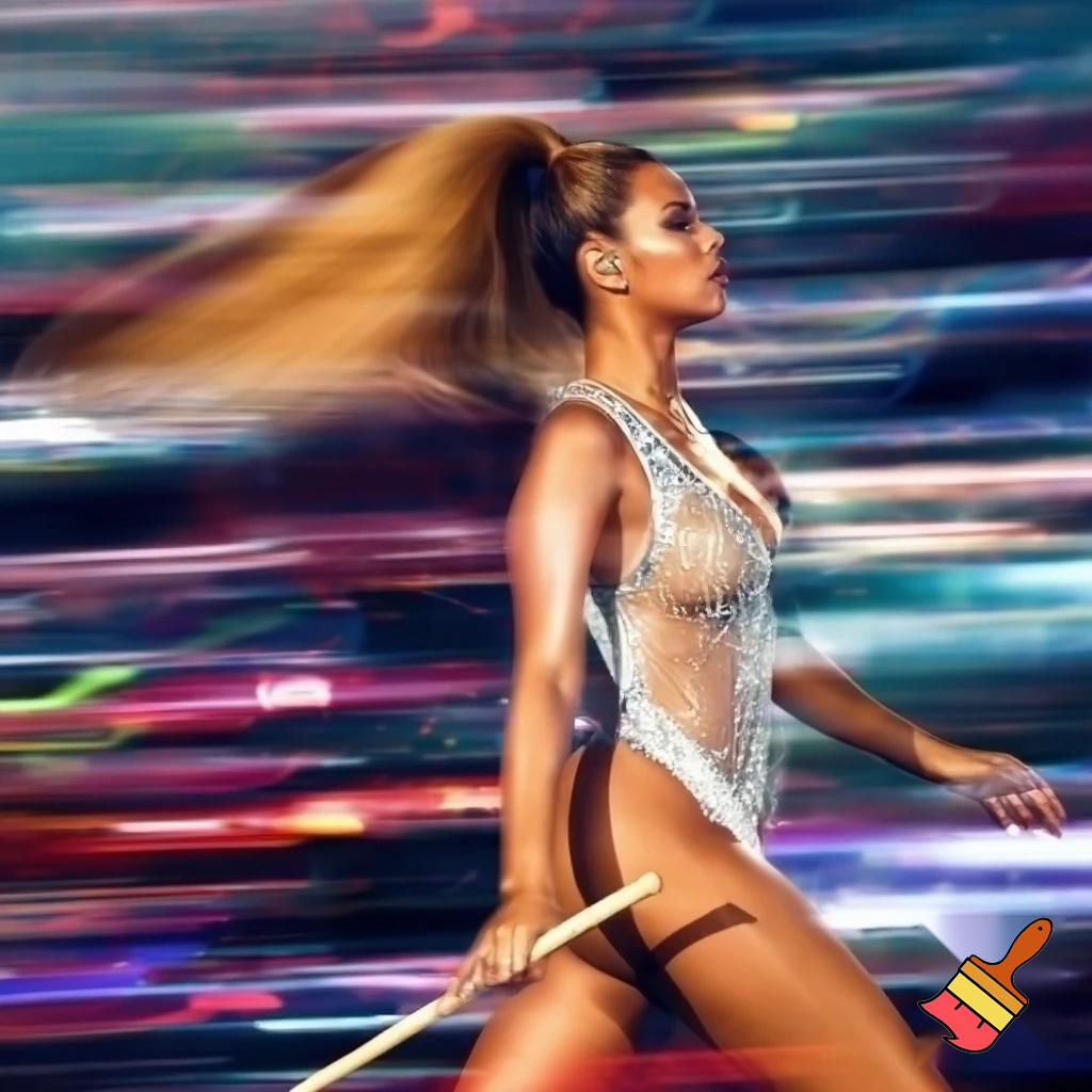 Beyonce with honey blonde slick ponytail runnning blurry photo with a diamond bodysuit chasing with a stick