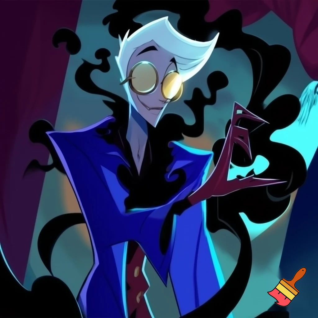A tall, lean pale man with white hair, distinctive round brass glasses he has a stern look on his face. his face In cartoonish art style of hazbin hotel wearing his signature blue overcoat with black sinister smoke curling around him his hand reaching out, producing the black sinister smoke