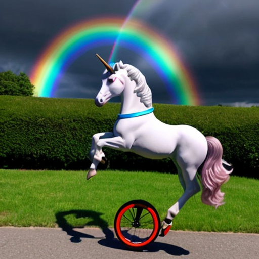 an image of a unicorn riding a unicycle on a rainbow