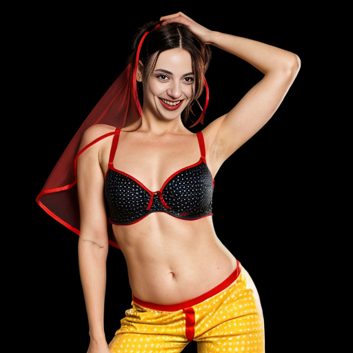 90's disney's 2d aladdin style comic black background and panels of 
panel 1 Harley Quinn with light black and red striped harem pants and bra and black and red curved slippers with both hand palms place together and hiding the bottom of her mouth with a light black and red striped veil wrapped around her arms and shoulders. 
panel 2 she danced with light black and red striped harem pants with light black and red striped bra and red and black curved slippers and with light black and red striped veil wrapped around her arms and shoulders and raising legs and bounced up and down her belly and shook her hips left and right. 
panel 3 as Harley Quinn with light black and red striped harem pants and bra and red and black curved slippers and with red and light black striped veil wrapped around her shoulders and arms and spreading her arms, happily revealing her face to the viewer and giving a smile as she shook her belly left and right. 
Panel 4 Harley Quinn with light black and red striped harem pants and bra and black and red curved slippers and with light black and red striped veil wrapped around her shoulders and arms has started to fading away , except her belly, which is bouncing around and growing. 
Panel 5 then the ball transforms into the fading in belly of Giant red haired giganta barefoot with dark yellow spotted yellow harem pants and bra and dark yellow spotted yellow veil wrapped around her arms and shoulders with her swaying her hips. 
Panel 6 red haired giganta barefoot with dark yellow spotted yellow harem pants and bra and dark yellow spotted yellow veil wrapped around her arms and shoulders then she is flexing her muscled arms.