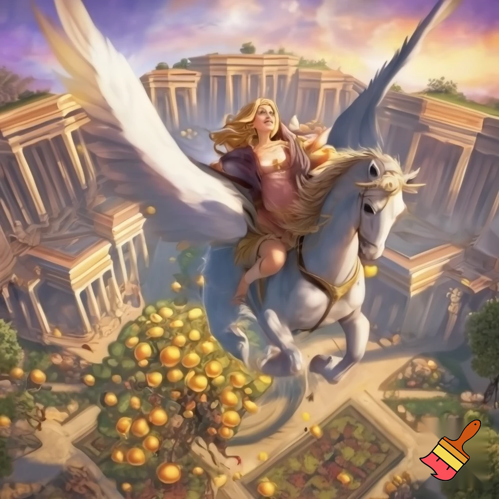 Can you make a blonde woman wearing ancient Greek clothes ride on Pegasus over a courtyard-styled garden with a tree in the middle of it that has golden apples and the palaces of the twelve Olympians that look massive and ornate and are styled like ancient Greek temples, twelve massive ancient Greek temples? And make the woman look like she's enjoying riding on Pegasus so she's smiling