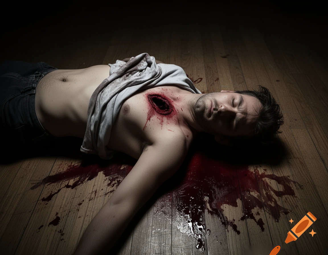 A shirtless random man (neighbor), face are hiding by shirt, died already, chest open wounded, blood everywhere, eye closed, floor on corpse.