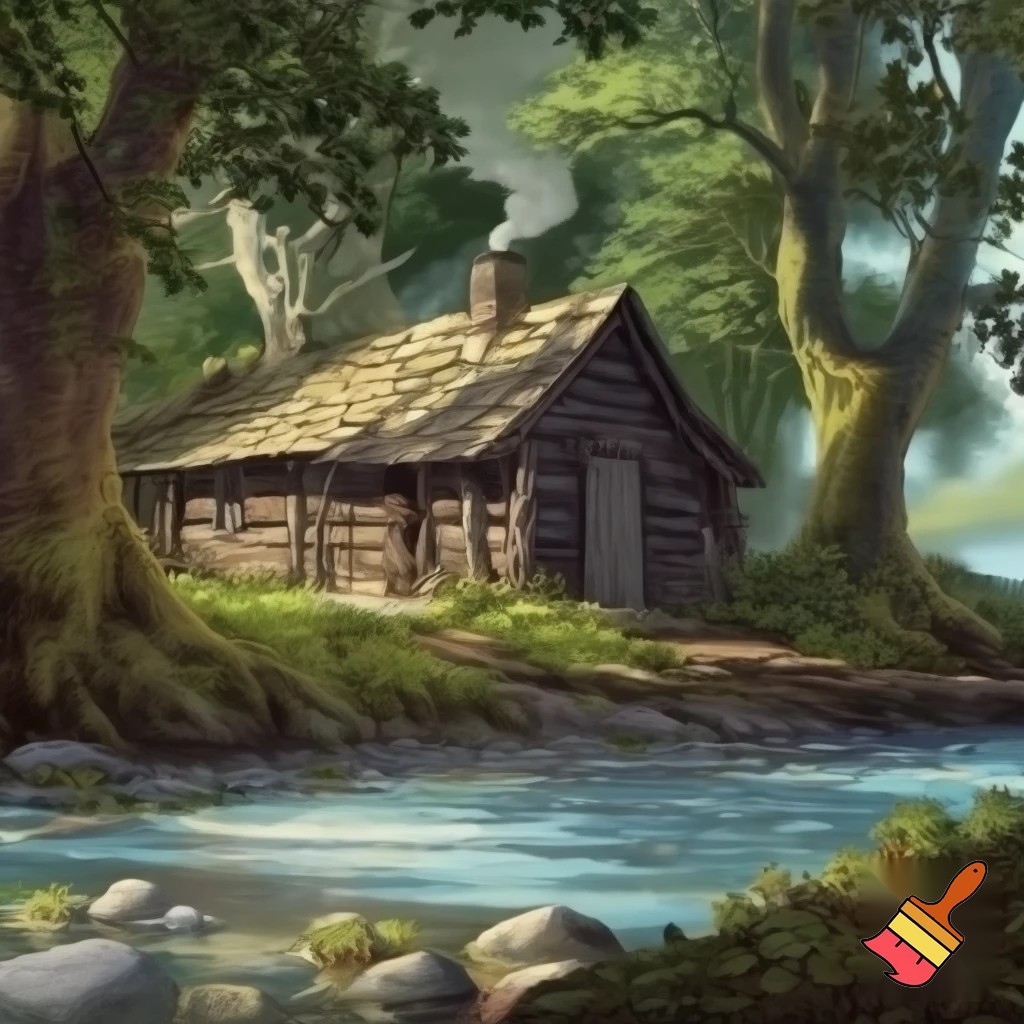 Small wooden cabin in a forest near a river