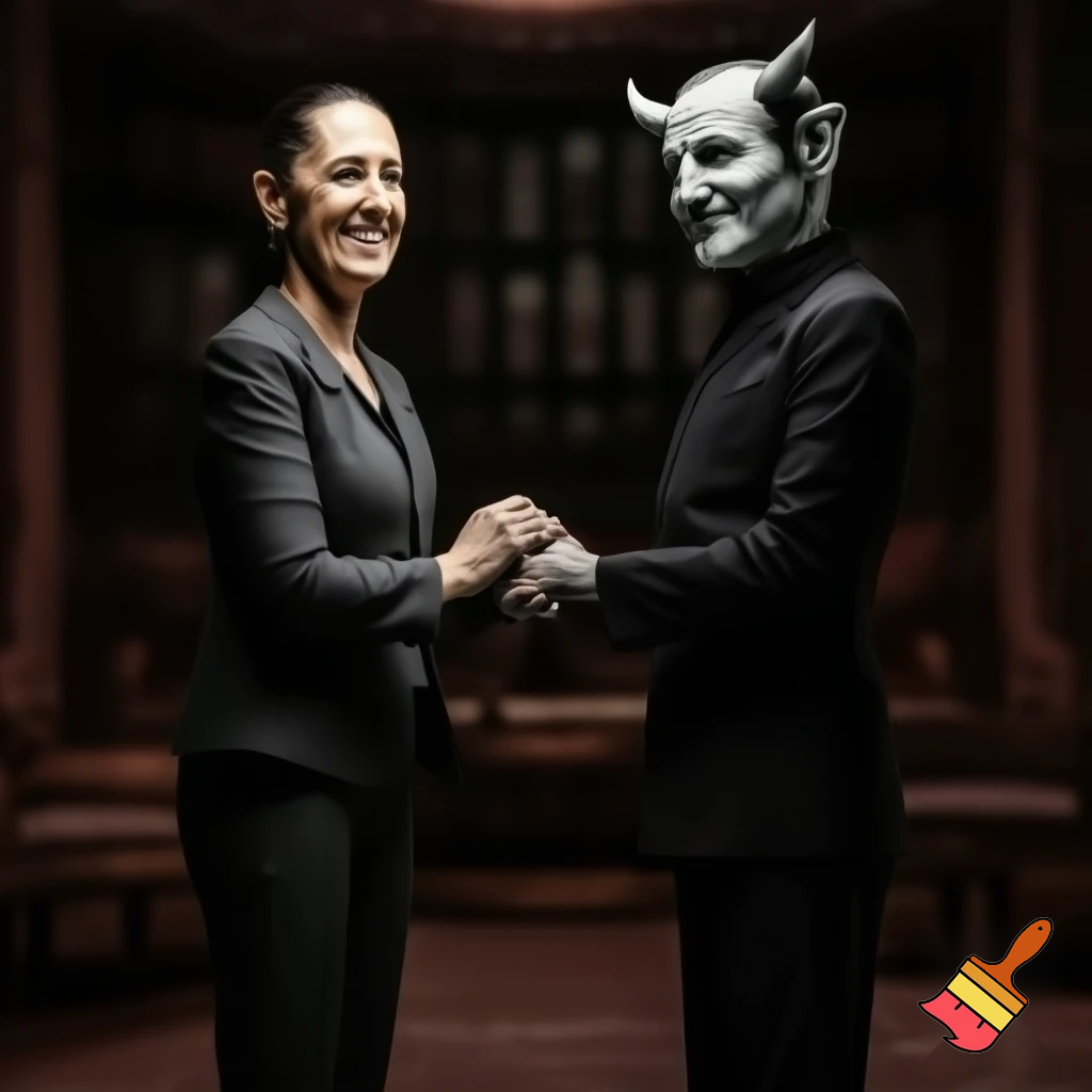 claudia sheinbaum holding hands with the devil and smiling, full body, making deals