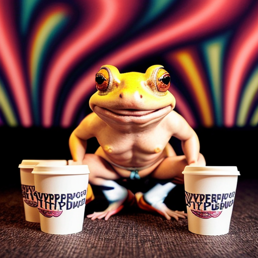 A hillarious, funny boho toad with some hippie colored coffee cups. Psychedelic decorated background.