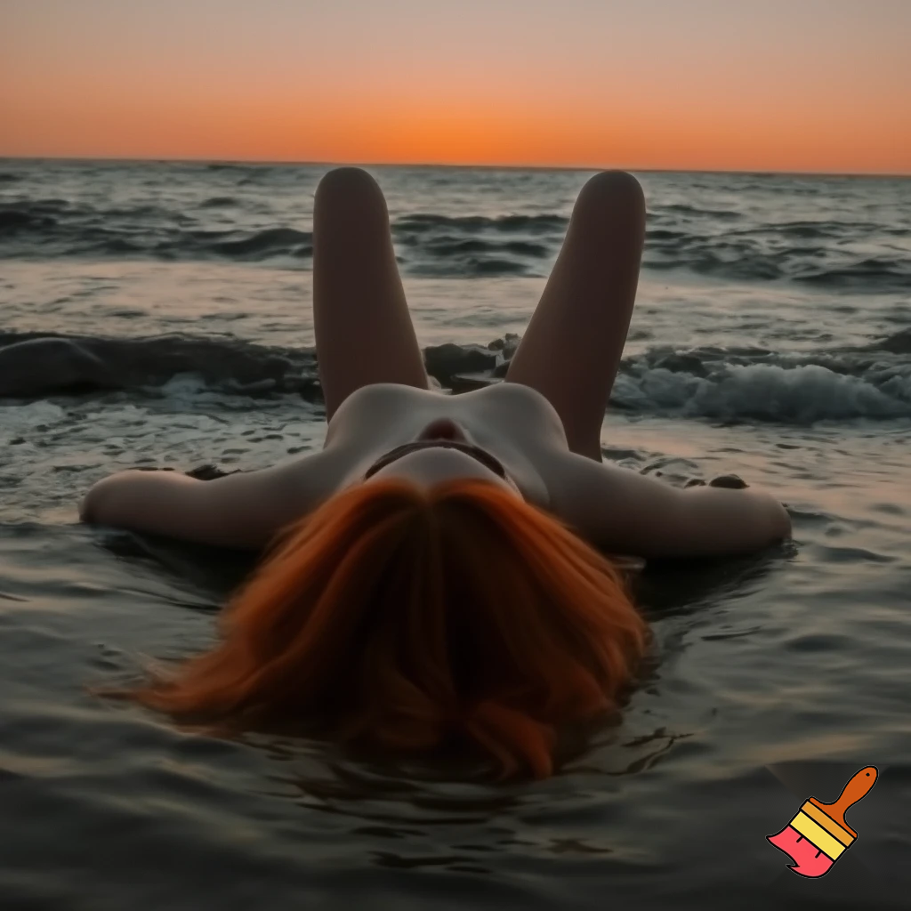 Ragazza dai capelli rossi distesa al tramonto su una spiaggia, bagnata dalle onde sul suo corpo nudo. Vista frontale, la ragazza ha le gambe aperte i capelli sono mossi 