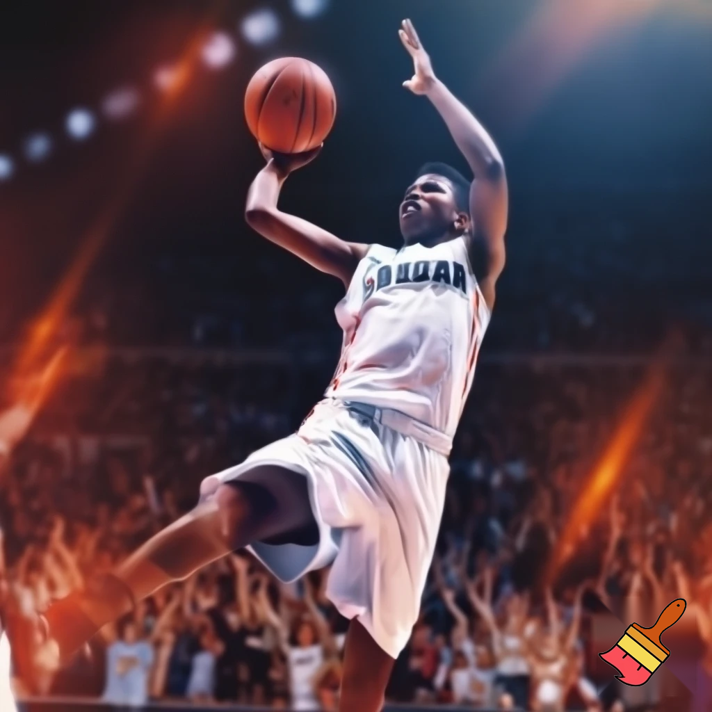 


teen Black basketball player in a white Bullard jersey hitting a game-winning three-pointer, dynamic action shot, crowd cheering
