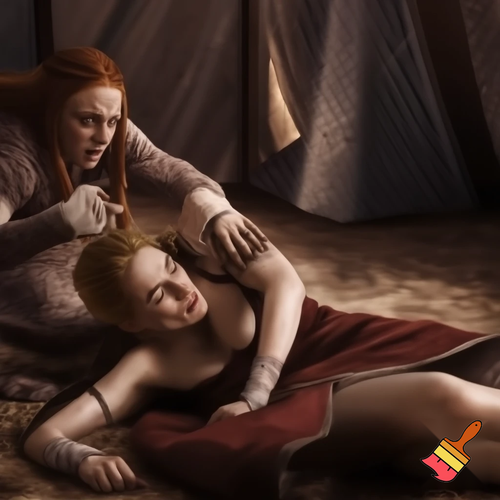 Sansa Stark and Cersei Lannister are fighting in a tent. Cersei Lannister is lying on top of Sansa , pinning her to the ground. Both are naked and wearing hands bandages