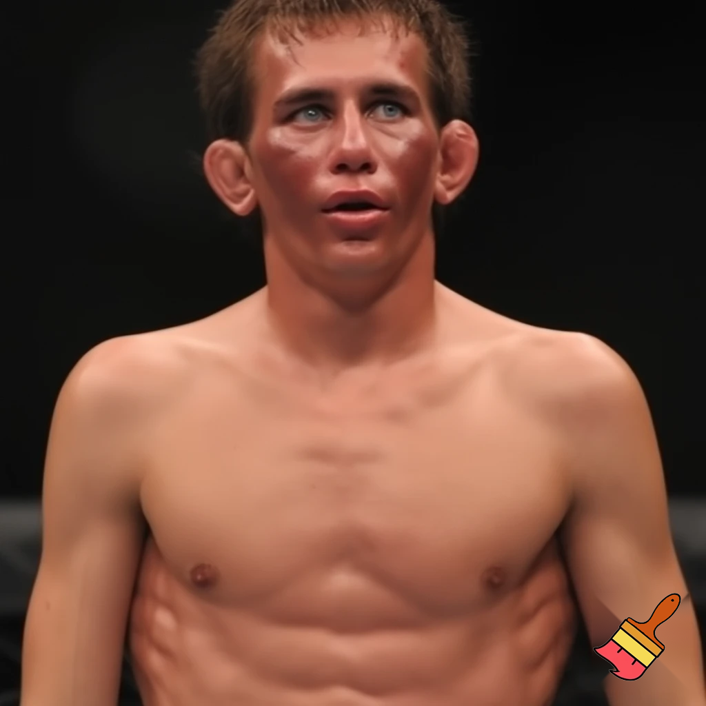A mixed martial artist who has gone down two weight classes for a fight. His cheeks are sunken and his ribs are visible and his muscles stand out alarmingly. Nonetheless, he stands tall and steady. His eyes are watery blue, his hair is brown and his ears stick out. 