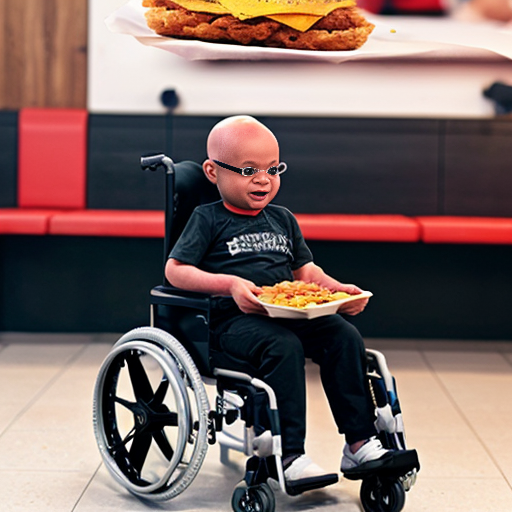 a black bald baby in a wheelchair eating kfc and a hamburger