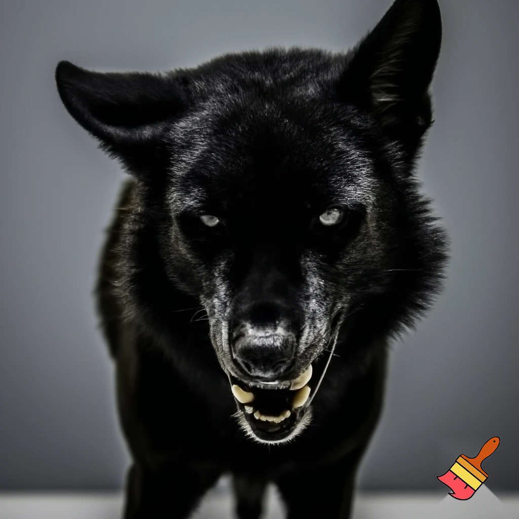 A black wild dog taking a mugshot looking DEADLY, sinister, angry and malicious
