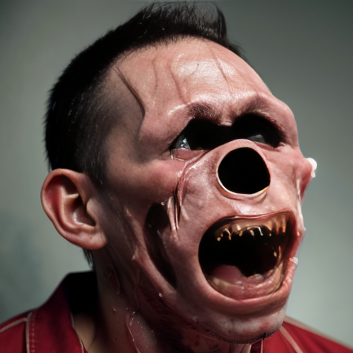 Realistic photographic portrait of a young man in a light green button-up shirt, standing outdoors under a clear bright blue sky, holding a large round transparent glass fishbowl directly in front of his face covering it completely, inside the fishbowl is a grotesque horrific exploded human head made of raw bloody flesh, exposed muscles, dripping viscous fluids and blood, prominent human teeth in a wide open screaming mouth, multiple large bulging bloodshot human eyeballs floating and attached unnaturally, strings of veins and nerves, glistening wet meat textures, hyper-detailed practical special effects makeup and prosthetics style, visceral body horror, photorealistic, sharp focus, natural daylight, high resolution, 8k, RAW photo