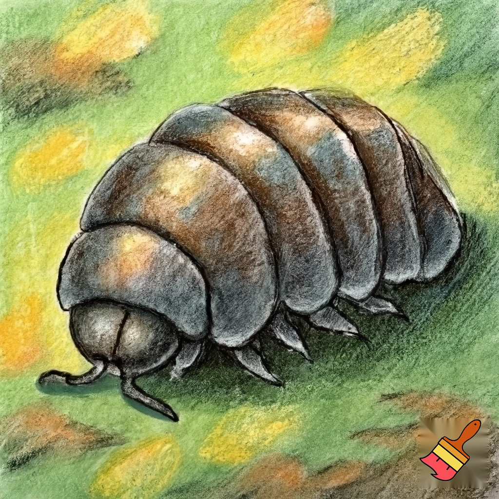 Make a crayon drawing of a pill bug