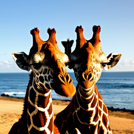 a giraffe next to a dog in front of the ocean
