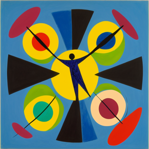 Put abstract Features in a circle consisting of multiple abstract figures in  Miro  and Matisse style