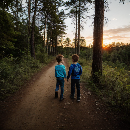 Two kids one girl one boy back to back in a forest sunset adventure 