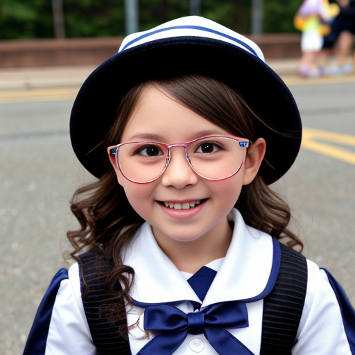 Cute adorable niña Chilindrina glasses con hair lazo curly con verano sailor uniforme escolar con zapatos negros escolar con calcetines blancos con sombrero sailor con grupal con caminar con desfile Estados Unidos América bandera con ciudad 31