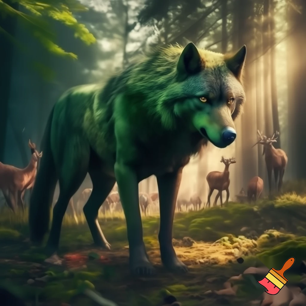 generate a picture that lives in a temperate forest it eats herd bound herbivores and its symbiotic relationship is mutualism
