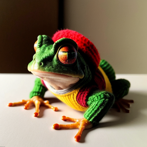 A laughable, puzzled animal toad in woolen, multicoloured winter clothings and with cap. Hyperrealistic style.