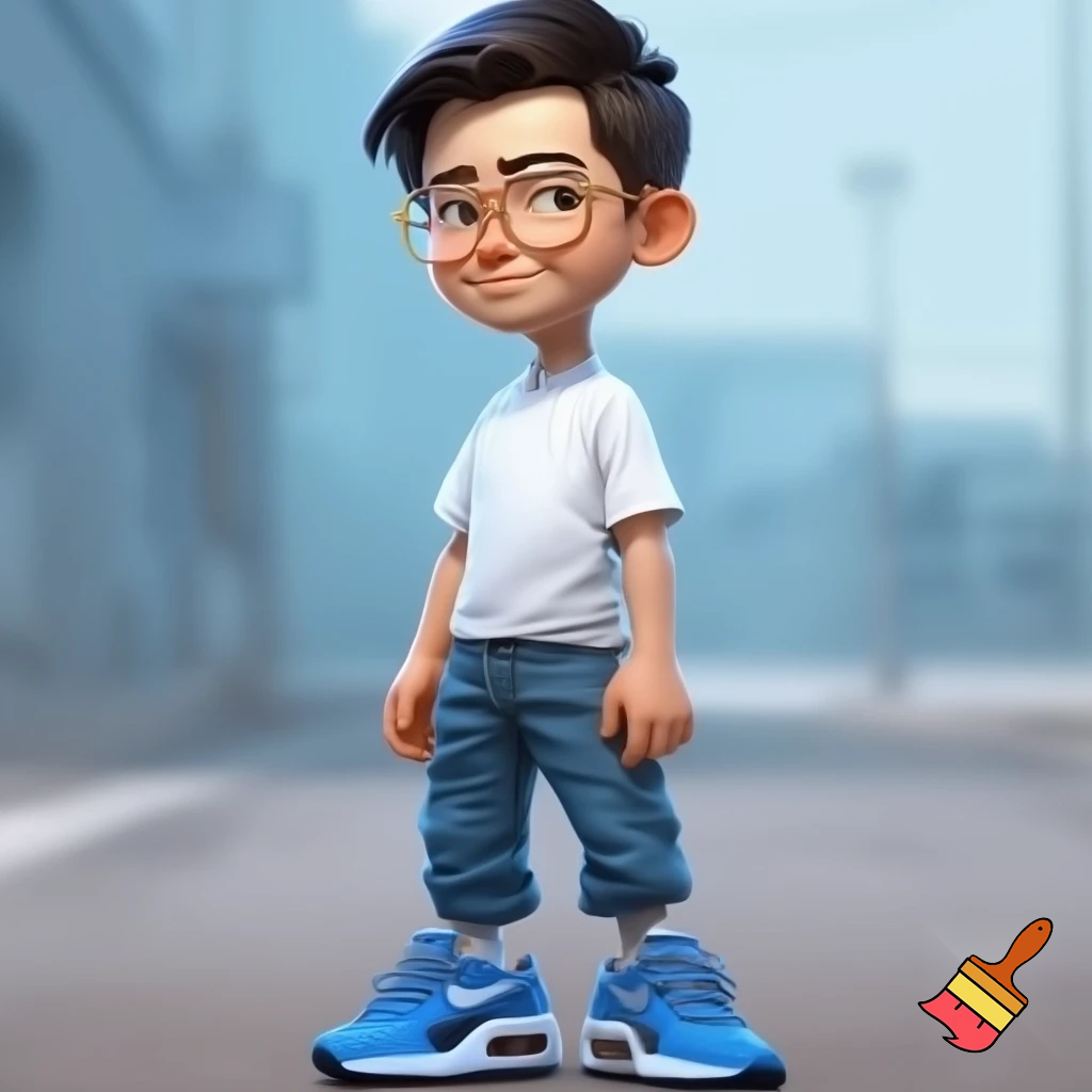 a boy standig he has a white skin coulor and black short hair he has bleu geans and a white bloes and bleu airmax shoes and he is whereing gold glasses and he is 12 years old
