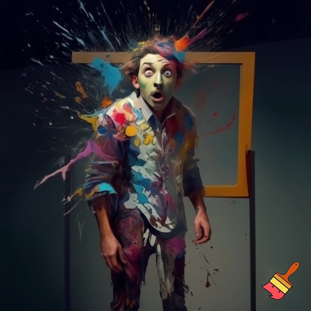 Create a random funny guy painting on a canvas but it gone horribly wrong but he is still human