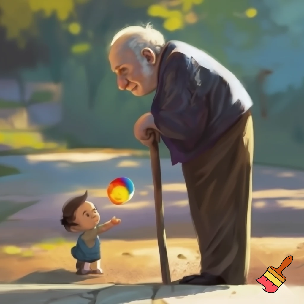 An old man is holding a stick, and a child wants to give him a ball.