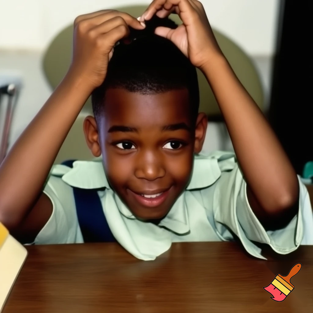 DO NOT put a bun in the boy's head. In the office a nine year old Jamaica, looking pleased with himself, student boy in khaki 