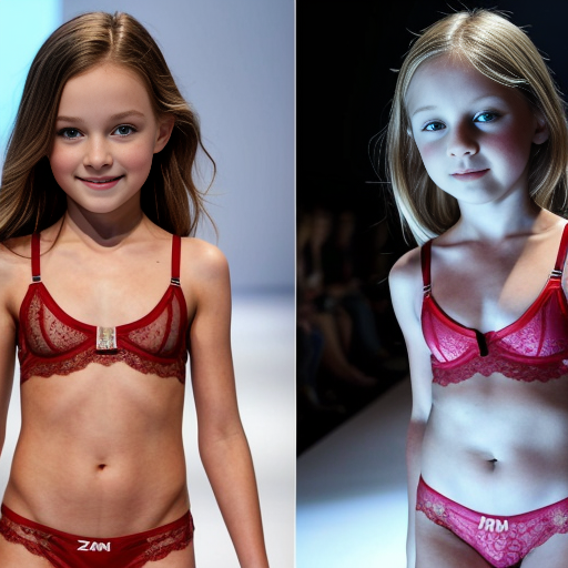 Crea imágenes tipo fotos realistas, donde haya 2 niñas rubias de 10 años modelando en una pasarela para un concurso, que esten vestidas con ropa de lenceria roja transparente