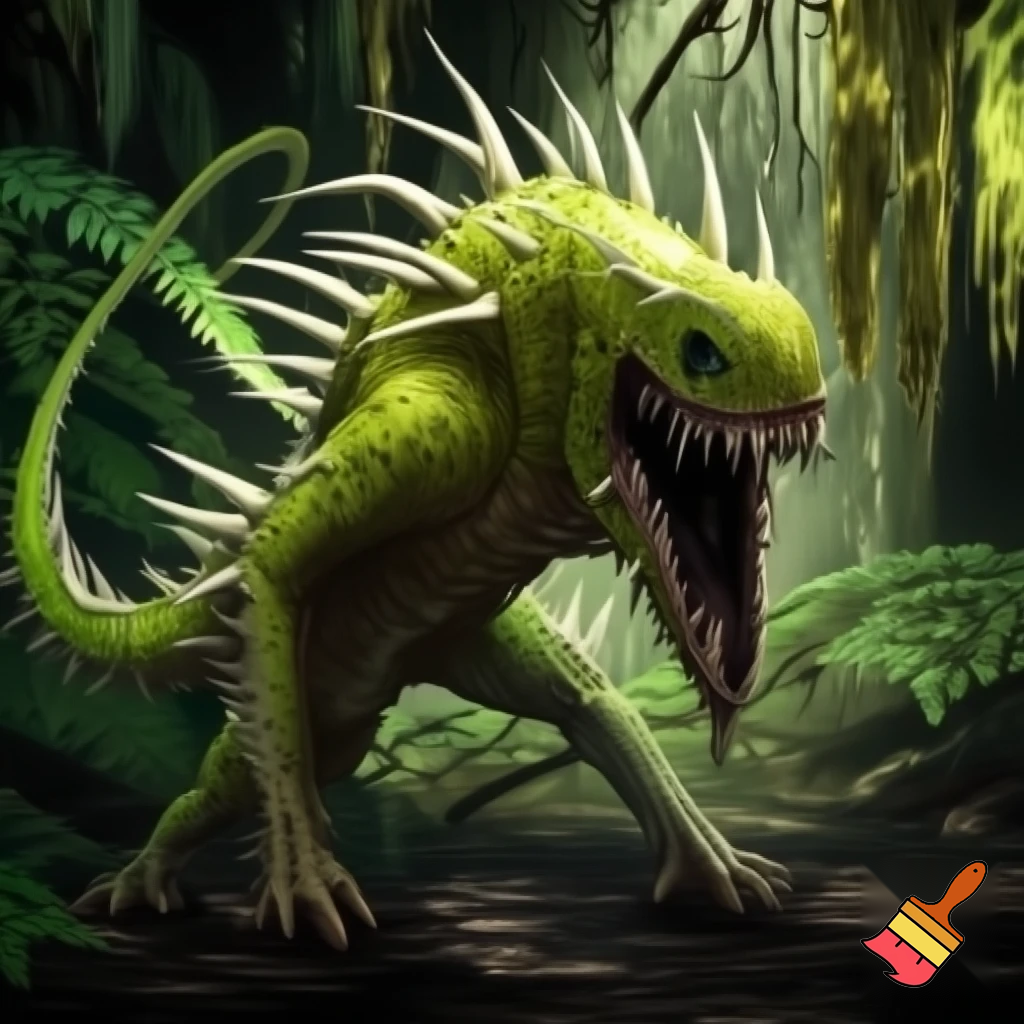 a animal that has green skin and has no eyes
and has a tail with spike on the tail and body and looks like a fly trap and 
lives in the rainforest has a big mouth and has shark teeth and has legs
and with no eyes and walks on all four legs the spikes are white with no eye






