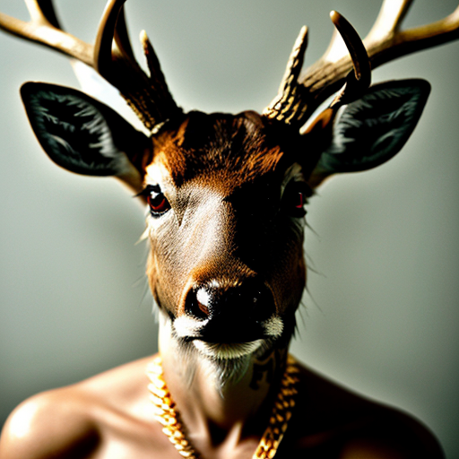 mugshot of a fierce deer with a tatoo , gold chain