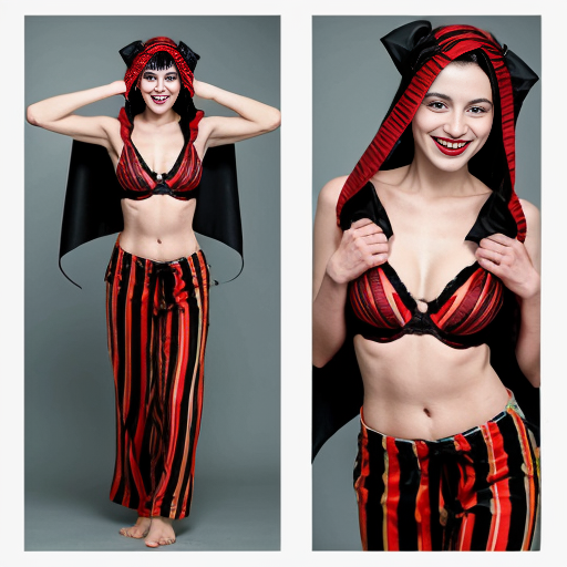 90's disney's 2d aladdin style comic dark blue background and panels of panel 1 a black and red striped cobra slithering then it hears music while it's hood is up which triggers the loop of it's body. 
Panel 2 and eventually the black and red striped cobra transforms into Harley Quinn barefoot with black and red striped harem pants and bra and veil wrapped around her arms and shoulders. 
Panel 3 Harley Quinn barefoot with black and red striped harem pants and bra and veil wrapped around her arms and shoulders with both hand palms place together and hiding the bottom of her mouth, 
panel 4 she danced barefoot with black and red striped harem pants and bra veil wrapped around her arms and shoulders and raising legs and bounced up and down her belly and shook her hips left and right. panel 5 as Harley Quinn barefoot with light black and red striped harem pants and bra and veil wrapped around her arms and shoulders spreading her arms, happily revealing her face to the viewer and giving a smile as she turns around swaying her big butt left and right. 
Panel 6 as Harley Quinn barefoot with black and red striped harem pants and bra and veil wrapped around her arms and shoulders did she faded away except her big butt. 