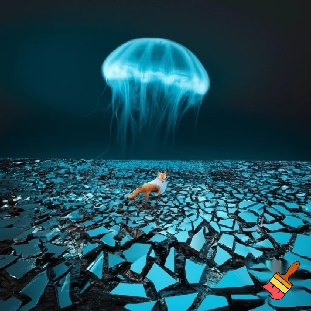 a surreal desert made of broken mirror shards, neon blue reflections everywhere, a tiny red fox in the middle wearing a half–transparent raincoat, sun is a gigantic jellyfish floating in the sky, sandstorm looks like glitch pixels, cinematic lighting, hyper realistic, 8k, wide angle, filmic mood, unreal engine look, photo taken by a drone