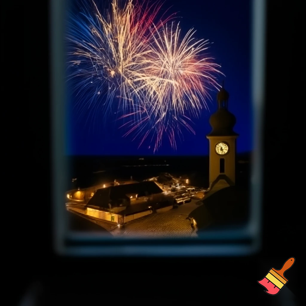 view from a window on a small town at night, the clock tower at the right side and fireworks on the sky