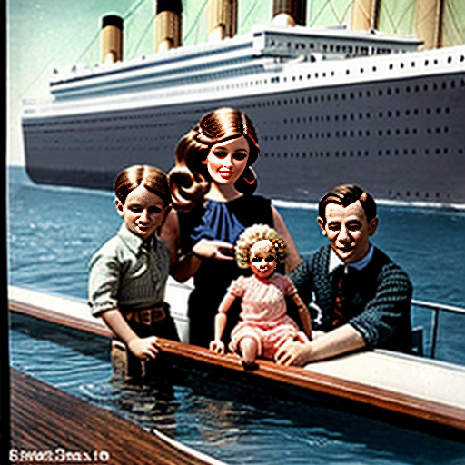 vintage barbie doll , her husband , children ,and baby on the deck of the titanic