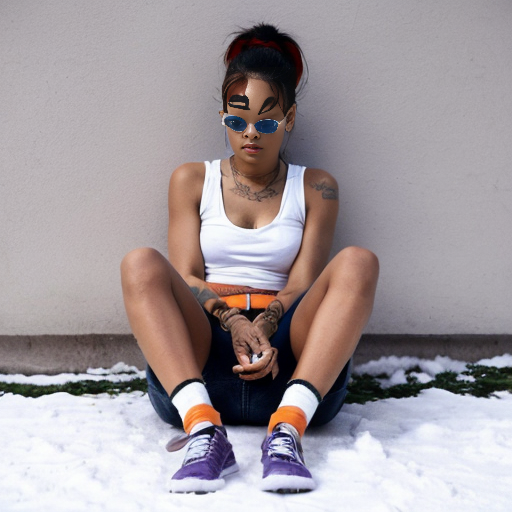 Rihanna orange tanktop belt blue short jeans purple socks orange and white sneakers on a sitting Snow 