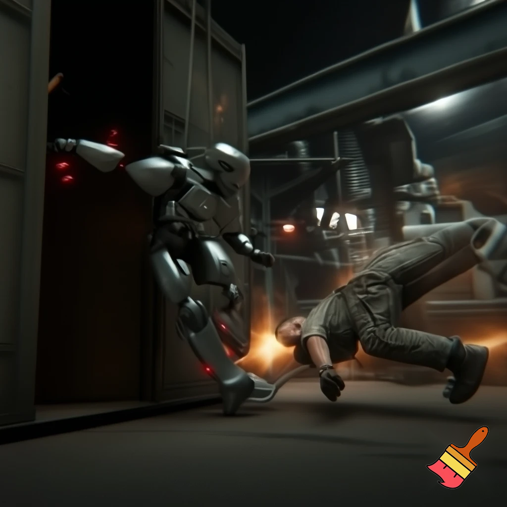 A robot is kicking out a human from a factory