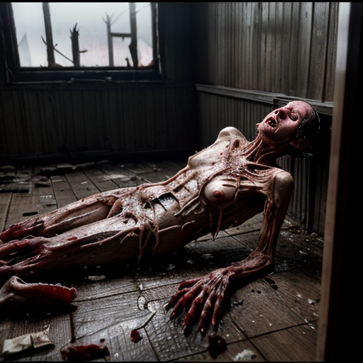 "Ultra-realistic cinematic still from Lucio Fulci's 1980 horror film City of the Living Dead, a horribly decayed and mutilated human corpse lying on a filthy wooden floor in a dark, abandoned building, extreme putrefaction and advanced decomposition, the body is bloated and ruptured with exposed glistening wet viscera, intestines, muscle tissue and sinews spilling out, dark clotted blood and viscous fluids everywhere, slimy translucent maggots and worms crawling over the rotting flesh, skin peeled back in wet strips, one leg partially severed and twisted at an unnatural angle with exposed bone, the corpse is covered in thick shiny slime and dark grime, dramatic low-key horror lighting with harsh shadows, wet reflective surfaces, gritty dirty textures, muddy wooden planks and debris scattered around, extremely detailed gore, photorealistic, hyper-detailed, 35mm film grain, cinematic color grading with desaturated tones and sickly greenish-pink hues, shot on Kodak Vision3, horror movie practical effects style --ar 16:9 --stylize 250 --v 6"