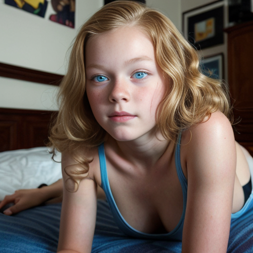 teen ,, , lifelike, portrait, highly detailed, , sharp focus, illustration, art by kittichai  and james gurney and alphonse mucha, ,  with curly blond hair and vibrant blue eyes, photorealistic, at her room, laying