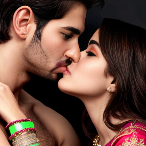 A adult girl wear shalwar kamiz with adult boy without shirt kissing