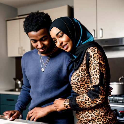scene vraie, photo realiste de femme arabe, ronde, en hijab, longue lace-up robe leopard, talons à aiguille, bas filets de peche, avec son amant homme africain noir en pull bleu la touche sensuellement, son conjont arabe, les admirent à la cusine