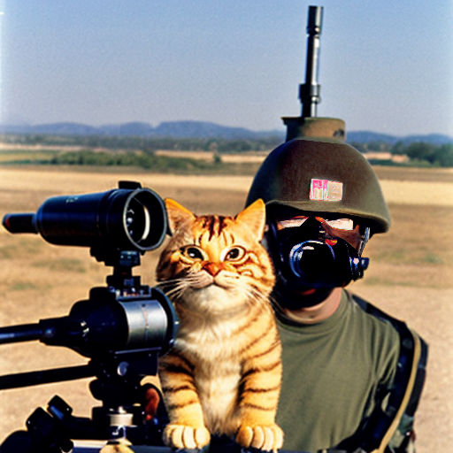 garfield smiling with angry eyes standing in front of a usa background firing a machine gun with tripod.