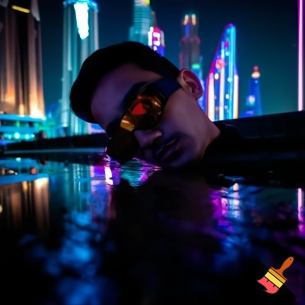 Usando esta foto como referência, gerar uma versão minha com rosto levemente tombado para o lado, usando óculos de sol escuros, em uma cidade futurista parecida com Dubai à noite, com luzes neon brilhantes, reflexos nas ruas molhadas, estilo realista cinematográfico, cores vibrantes, atmosfera futurista, detalhes de prédios modernos e luzes coloridas no céu.