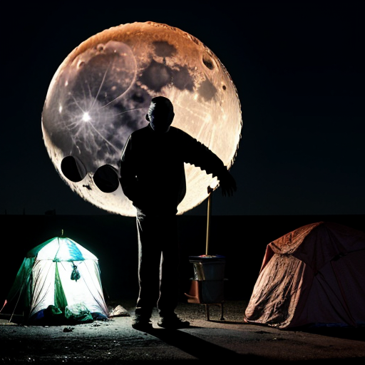 Homeless monster man with glowing moon for head