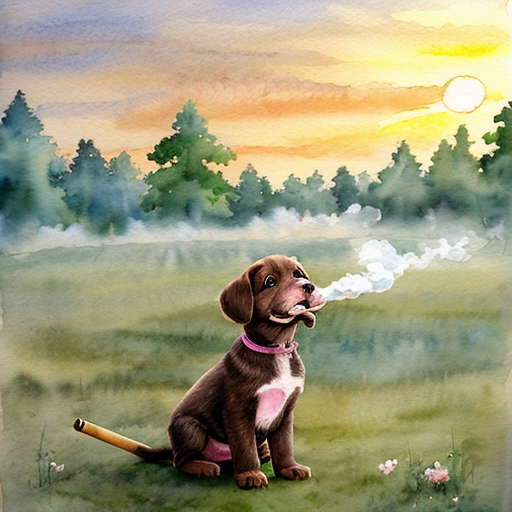 Roztomilé hnědé štěně drží v tlamě  lehce kouřící klacík, stojí proti zapadajícímu slunci, kolem louka a les. Kouř tvoří jemný obláček. Pohádková ilustrace, měkké světlo, dětský akvarel, hravá atmosféra.
