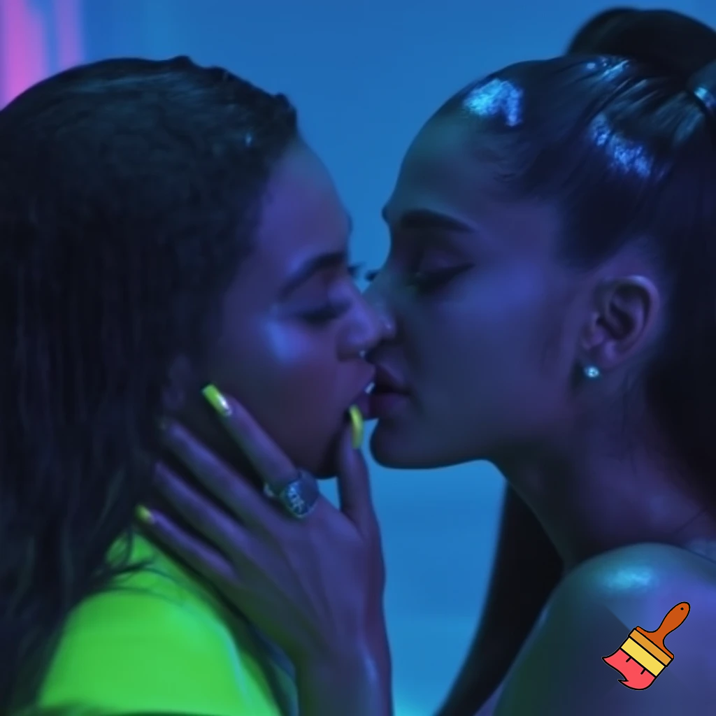 ariana grande and beyonce kissing in sweaty neon environnement hot +18
