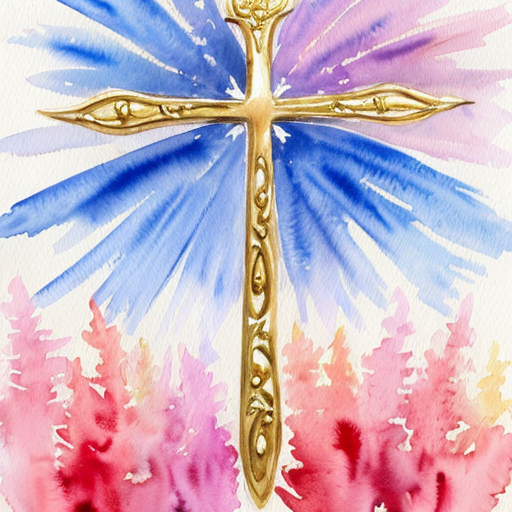 A golden cross above the sky with a small golden scroll and sword and above it a rainbow
