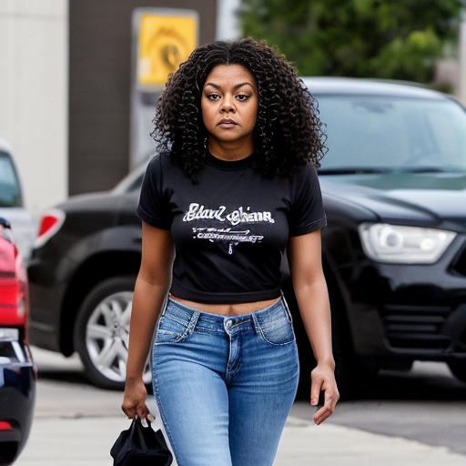 Taraji P. Henson long brown curly hair black t-shirt under t-shirt and blue jeans and black toes out shoes 

