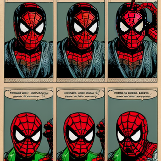 Génère une bande dessinée de comics de spiderman contre le bouffon vert la page a une présentation comme les comics strip classiques avec des cases et des bords blanc

Première case de la première page
Spiderman le balance dans la ville de New-York 
L'environnement est détaillé, et spiderman tisse une toile en sautant 

Deuxième case de la première page 
Spiderman tire sur la toile qu'il a tissé afin de se hisser plus haut 

Troisième case de la première page
Spiderman bondit d'une façon acrobatique et triomphante et rebondit sur un immeuble
On voit le bouffon vert sur son planeur en face de lui dans le fond du payage

Quatrième case de la première page 
L'ange de vue est de dos, on y voit Spider-Man toujours dans les aires bondissant en direction du bouffon vert qui semble surpris 

Cinquième case de la première page
Les regards de spiderman et du bouffon vert se croisent et il semble tout deux en colère 
